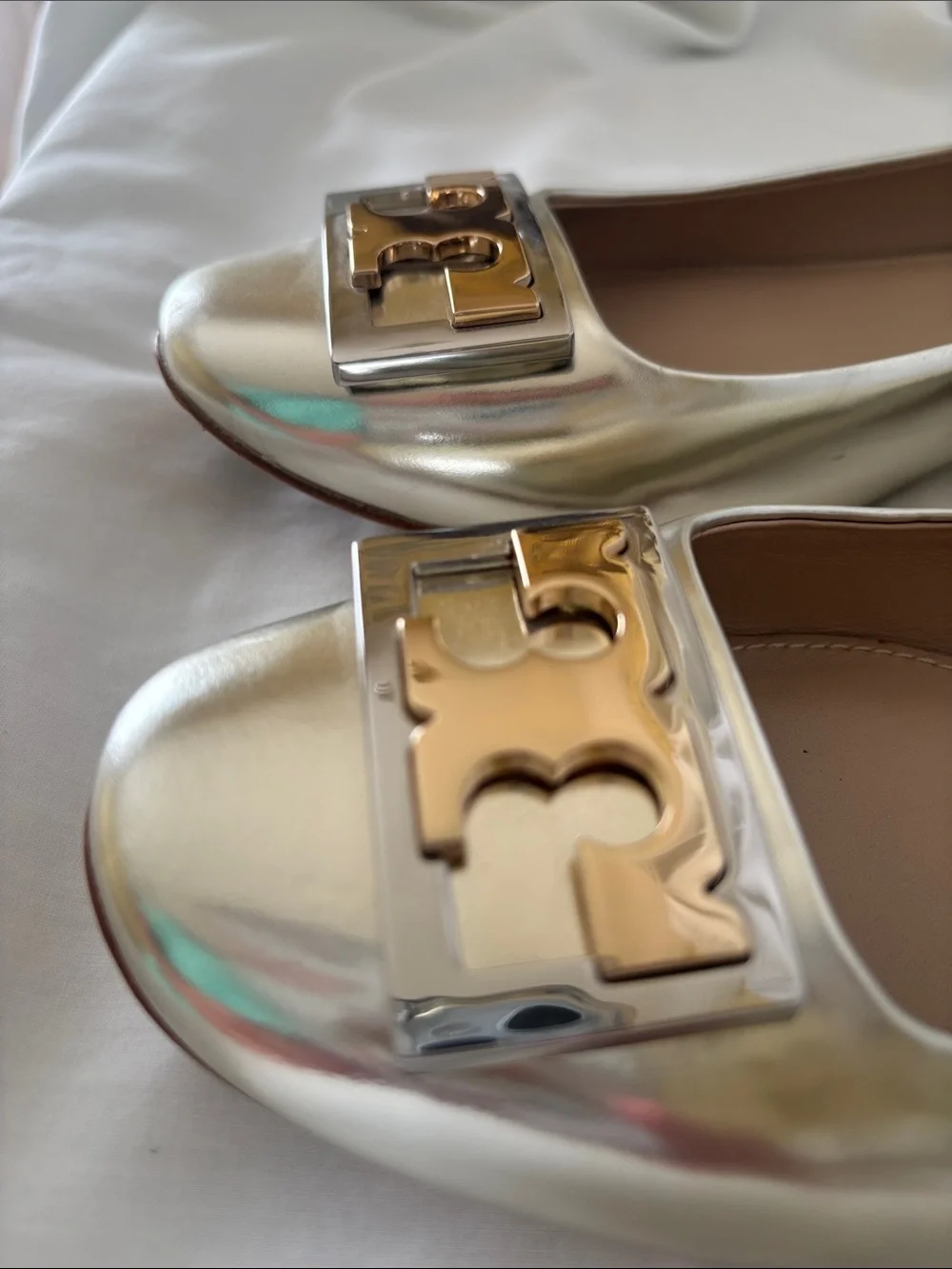 Tory Burch Silver Iridescent Gold Logo Block Heel Flats - Picture 9 of 16